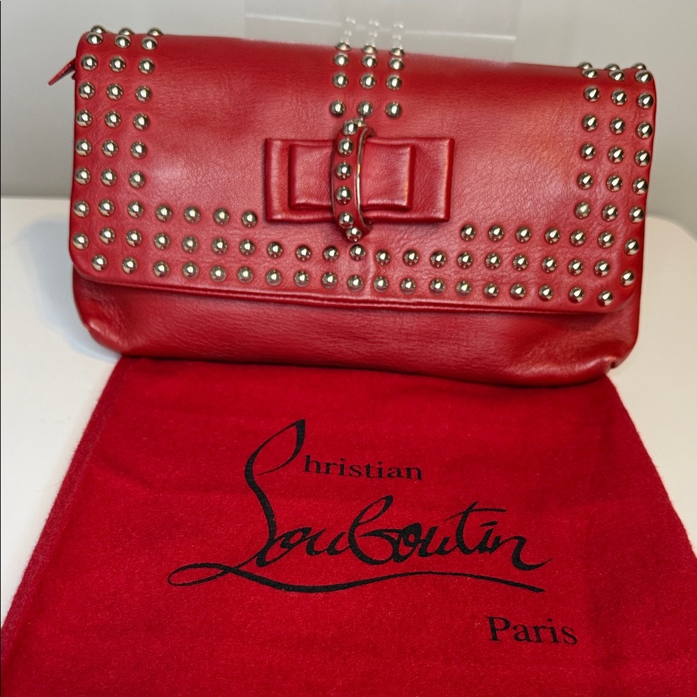 Christian Louboutin Sweet Charity Red Leather Clutch with Silver Studs